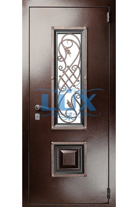 антивандальная дверь для загородного дома с ковкой и стеклопакетом