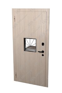 кассовая дверь с окошком решеткой, отделка ламинат
